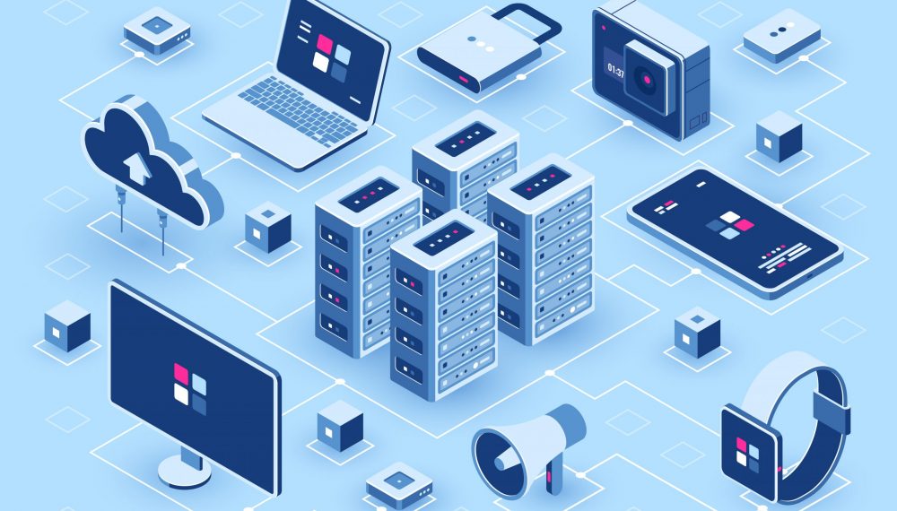 Computer technology isometric icon, server room, digital device set, element for design, pc laptop, mobile phone with smartwatch, cloud storage, flat vector illustration