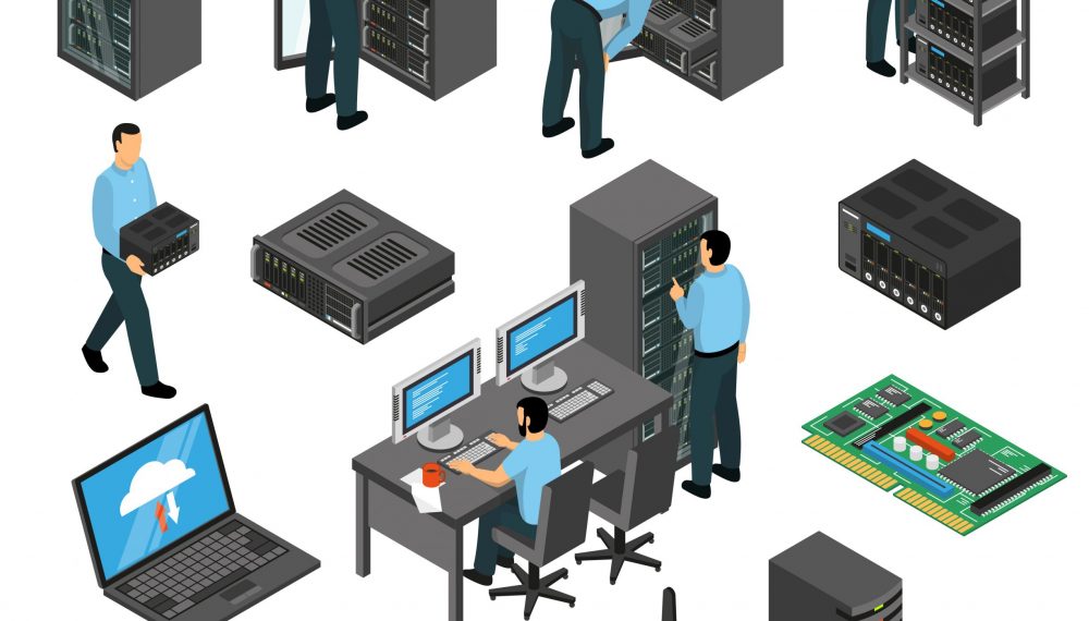 Datacenter equipment isometric set with engineers collecting the server racks isolated vector illustration
