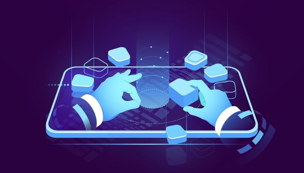 Holographic display isometric neon, digital futuristic technology, user interface development design, building mobile application, big data processing, cyber security isometric vector illustration