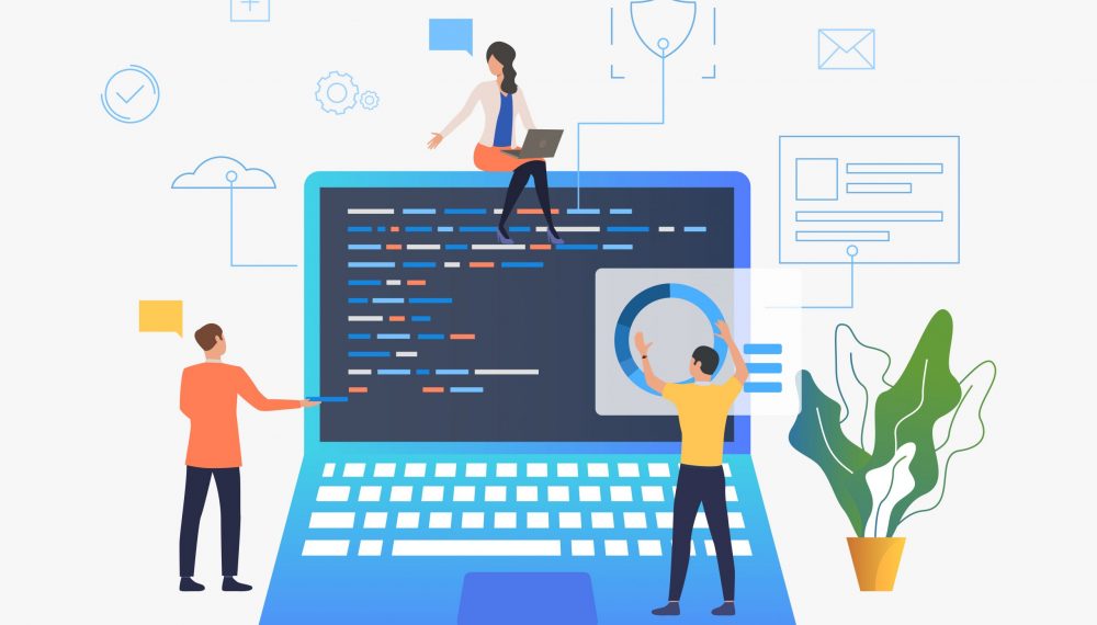 Business people working over laptop development vector illustration. Web development, interface, coding. Computer concept. Design for website templates, posters, banners