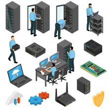 Datacenter Equipment Isometric Set Datacenter equipment isometric set with engineers collecting the server racks isolated vector illustration